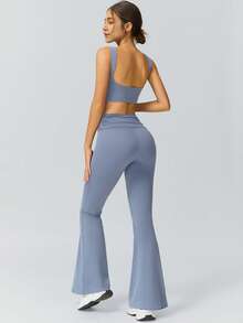 NcmRyu 1 Set Women's Fashion Elastic Casual Versatile Slimming Lifting Shaping Flared Leggings Sports Suit For Running & Workout - Màu xanh bụi bặm - Xem 2