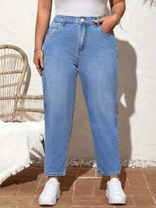 Plus Size High Stretch Denim Straight Leg Jeans With Zipper And Pockets - Xanh nhạt - Xem 2