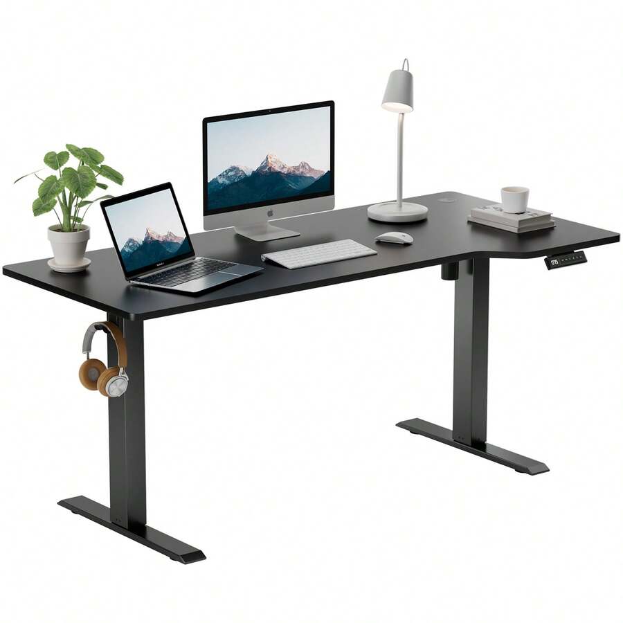 Devoko Gunji 160/180 Cm Height Adjustable Desk, L-Shaped Electric Standing Desk, Height Adjustable, Electric With 4-Function Memory, Ergonomic Gaming Table With Cable Management Tray, Hooks - Black - View 1