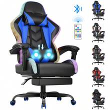 Devoko Gunji Massage Video Game Chair For Adults With Footrest, PU Leather Computer Desk Chair, Adjustable Backrest, High Back Support, Home Office Chair With Headrest And Lumbar Support - 藍色 - 查看 1