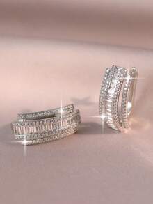 1 对梦幻圆形几何方晶锆石耳环女士经典铜质 CZ 婚礼耳环派对珠宝礼物 - 銀色 - 查看 8