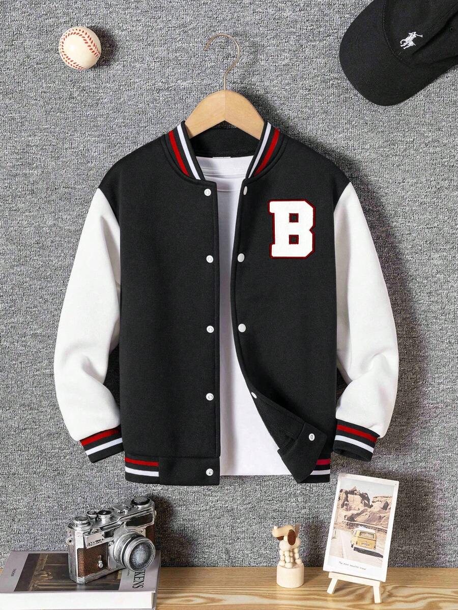 Young Boy Casual Stylish Letter Embroidery & Print Contrast Color Collar & Cuff Long Sleeve Hoodie Sweatshirt - màu đen - Xem 1