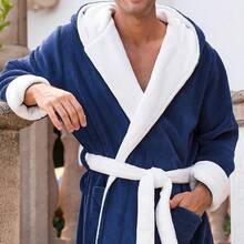 Mens Robe With Hood, Plush Fleece Hooded Mens Bathrobe, Big And Tall Bath Robe For Menhalloween - Navy Blue With White - View 7