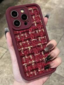 1 pieza Funda de teléfono a prueba de golpes con cobertura total de TPU con patrón de tela burdeos y roja, compatible con Apple 16, 15, 14, 13, 12, 11 Pro Max y Series