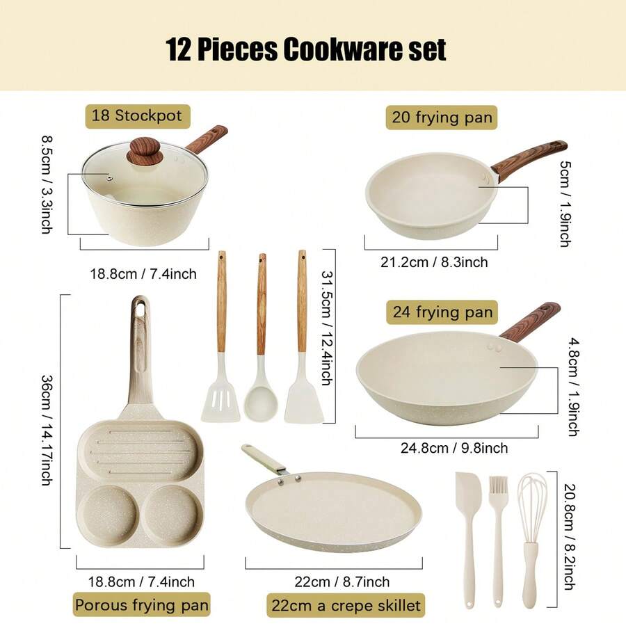 ABKOK 1 件/12 件铝制炊具套装，7.4 英寸汤锅，8.3 英寸/9.8 英寸煎锅，8.7 英寸可丽饼锅，7.4 英寸早餐鸡蛋锅，带硅胶厨具，适合单人烹饪，兼容炉灶 - 燃气灶，可购买单独的锅具和套装，家庭晚餐用品，派对用品