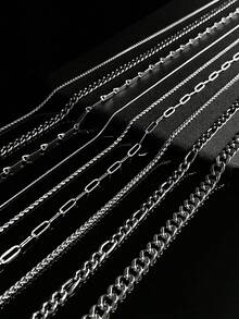 9件套时尚不锈钢男士钛钢盒子链项链圆蛇链篮球链水链不锈钢锁骨项链男士日常饰品套装