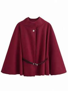 Christmas & Winter Women's Fashion Elegant Elegant Short 3/4 Sleeve Stand Collar Loose Wool Blend Poncho Coat With Belt, Suitable For Valentine's Day - Red - View 4