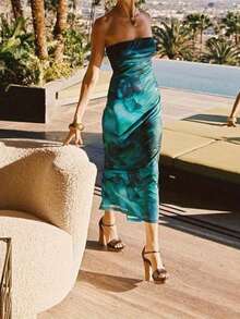 Women Long Tube Top Dress Floral Print Off Shoulder Sleeveless Bodycon Dress For Party Club - 墨綠色 - 查看 3