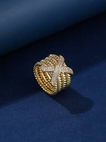 One Fashionable Copper Material Gold-Colored Twisted Letter X Design Unisex Ring Decorated With For Women - Yellow Gold - View 13