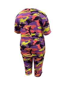 Plus Size - Plus Size Women'S Fashion Two-Piece Suit, Camouflage Print Round Neck T-Shirt And Cropped Pants Set, Camouflage Casual Two-Piece Suit - Nhiều màu - Xem 3