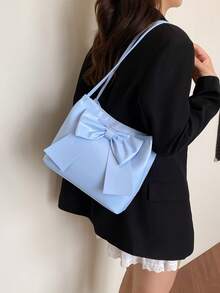 Túi đeo vai nữ dung tích lớn bằng da PU màu trơn trang trí nơ nhẹ thời trang, túi xách thanh lịch cho quý cô - Màu xanh lam - Xem 4