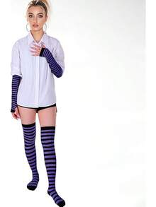 Tongcloud Women's Striped Knee High Socks, Over Knee Thigh High Socks, Arm Warmer And Fingerless Gloves SetHalloween Christmas New Year - 黑色和紫色 - 查看 5