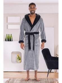 Mens Robe With Hood, Plush Fleece Hooded Mens Bathrobe, Big And Tall Bath Robe For Menhalloween - Steel Gray With Black - View 2