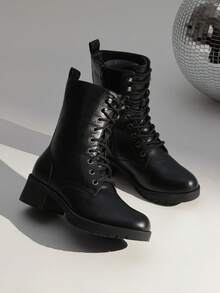 Women's Lace-Up Combat Boots Mid-Calf Militarys Classic And Stylish Winter Festival Christmas Black Boots - 黑色 - 查看 1