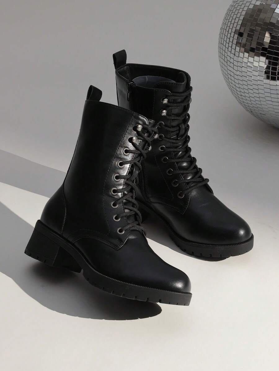 Women's Lace-Up Combat Boots Mid-Calf Militarys Classic And Stylish Winter Festival Christmas Black Boots - 黑色 - 查看 1