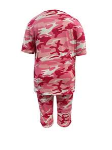 Plus Size - Plus Size Women'S Fashion Two-Piece Suit, Camouflage Print Round Neck T-Shirt And Cropped Pants Set, Camouflage Casual Two-Piece Suit - 淺粉色 - 查看 2