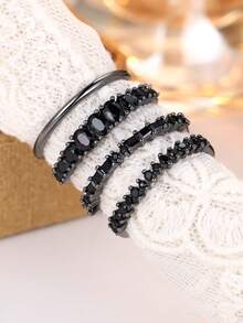 4pcs Set, Minimalist Black Synthetic Zirconia Stackable Rings, Durable & Shiny Accessory Suitable For Halloween, Holiday Gifts For Him & Her - Black - View 3