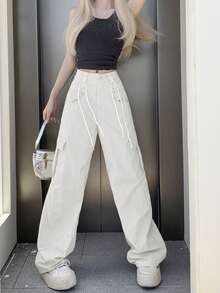 女士纯色高腰直筒宽松抽绳休闲裤，适合春夏秋季 - 淺灰色 - 查看 6