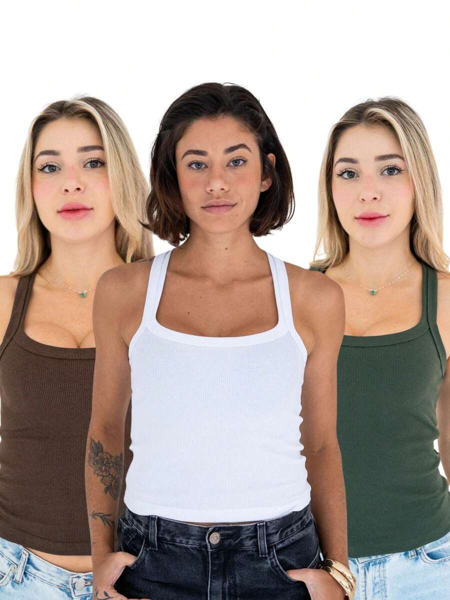 Kit Of 3 Women's Ribbed Cotton And Elastane Tank Tops - 棕色 - 綠色 - 白色 - 查看 1