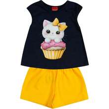 Conjunto Infantil Menina Verão Blusa Meia Malha e Short Moletinho Confortavel Elegante Kyly 1000986 - Azul Marinho - Visão 5