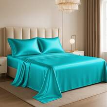 Lux Decor 4-Piece Satin Sheet Set, Silky Soft Polyester Bed Sheets With Deep Pocket Fitted Sheet, Breathable Cooling And Refreshing Bedding, Soft Touch, Washable Bed Linen For Home, Bedroom And Guest Room - Lake Blue - 查看 1