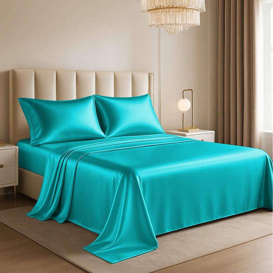 Lux Decor 4-Piece Satin Sheet Set, Silky Soft Polyester Bed Sheets With Deep Pocket Fitted Sheet, Breathable Cooling And Refreshing Bedding, Soft Touch, Washable Bed Linen For Home, Bedroom And Guest Room - Lake Blue - 查看 1