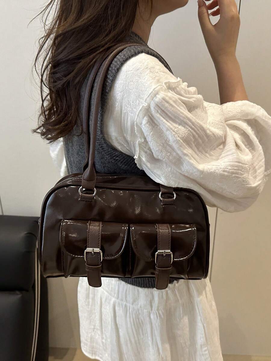 1个复古简约拉链手提包,带口袋,双提手,适合女士日常休闲及通勤使用。 - 咖啡 - 查看 1