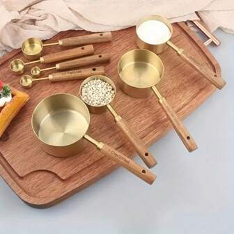 4/8 Piezas/set, Tazas Y Cucharas Medidoras, Juego De Tazas Y Cucharas Medidoras De Acero Inoxidable, Tazas Medidoras Con Mango De Madera Para Ingredientes Secos Y Líquidos, Cucharas Medidoras Para Sazonar, Para Café, Herramientas Para Hornear Y Accesorios De Cocina