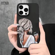 Funda protectora para phone con diseño de una chica sosteniendo una taza de café, con orificios grandes. Compatible con phone 16 Pro Max, 16, 15 Pro, 14, 14 Plus/14 Pro Max, 13, 13 Pro, 12 Pro, 11/11 Pro. Regalos para cumpleaños y festividades - Negro - Ver 4