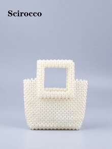 Mini Lightweight Pearl Embellished Square Clutch - Beige - View 2