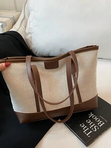 韩版亚麻拼色大容量2025休闲新款时尚通勤简约时尚单肩托特包女包适合休闲逛街 - 棕色 - 查看 2
