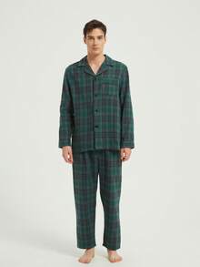 新款男士时尚休闲睡衣套装，长袖上衣和长裤，冬季服装 - 綠色 - 查看 3