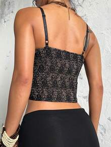 女式修身休闲蕾丝细肩带吊带背心，腰带设计简约 - 黑色 - 查看 2