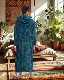 Mens Robe With Hood, Plush Fleece Hooded Mens Bathrobe, Big And Tall Bath Robe For Menhalloween - Black Watch Tartan Plaid - View 10