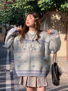 Women's Vintage Loose Fit Thick Knit Sweater, Round Neck, Winter