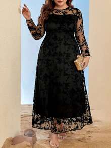 Đầm chữ A cổ tròn xếp lớp bằng vải lưới thanh lịch dành cho người có thân hình đầy đặn - Đầm dài tay đến mắt cá chân - Thích hợp cho mùa xuân và mùa thu, thoải mái và thoáng khí, được thiết kế cho phụ nữ có thân hình đầy đặn - Màu đen, thích hợp cho kỳ nghỉ - màu đen - Xem 5