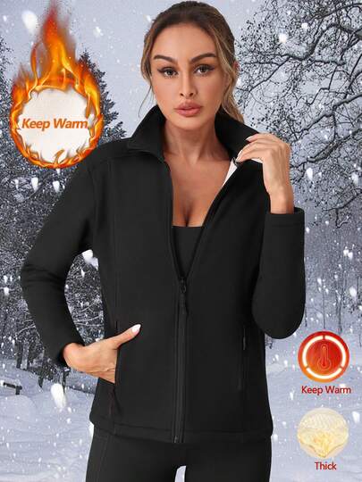 Damfodrad termojacka, höst-/vinterjacka med lång ärm och dragkedja, enfärgad termojacka för sport och fitness, fleece, skidåkning