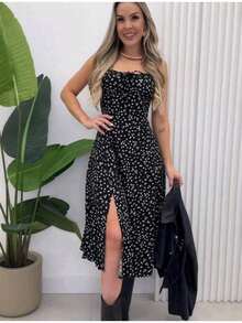 Floral Dress, Going Out Dress, New Year Dress, End Of Year Dress, Chic Dress, Sexy Dress, Pretty Dress. - 黑色 - 查看 1