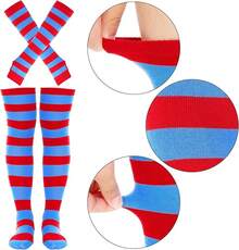 Tongcloud Women's Striped Knee High Socks, Over Knee Thigh High Socks, Arm Warmer And Fingerless Gloves SetHalloween Christmas New Year - 廣紅與深藍 - 查看 6