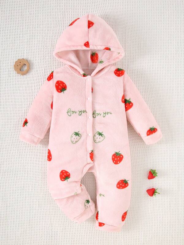 Cute Baby Girls Autumn Winter Beautiful Strawberry Print Double-Sided Fleece Hooded Long Sleeve Button Jumpsuit