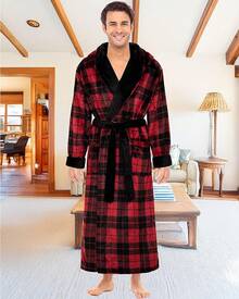 Mens Robe With Hood, Plush Fleece Hooded Mens Bathrobe, Big And Tall Bath Robe For Menhalloween - Red Black Plaid Contrast - View 10