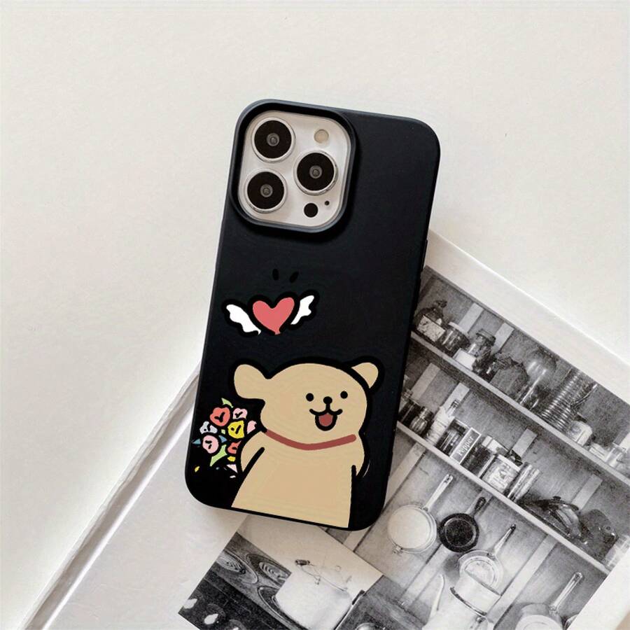 Funda protectora para phone (1 unidad) con diseño de flores para un perrito dorado. Elegante diseño con orificios grandes, compatible con phone 16 Pro, 16, 15 Pro, 14, 14 Plus, 14 Pro, 13, 13 Pro, 12 Pro y 11/11 Pro. Ideal para cumpleaños y celebraciones. - Negro - Ver 1