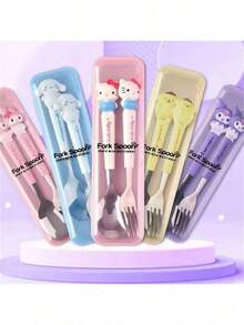 (Officially Licensed) Sanrio 2pcs Cute Cartoon Stainless Steel Portable Cutlery Set, Children's Tableware, Student Outdoor Travel Spoon & Fork Set, Suitable For Various Occasions, Also Suitable As Gifts For Various Festivals - Multicolor - View 1