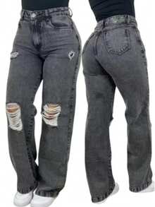Women's Wide Leg Jeans, High Waist, Butt Lifting Pants - Garafite Rasgada - 查看 1