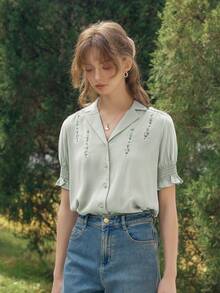 Simple Retro 复古风女士春夏度假刺绣撞色纽扣绿色优雅复古休闲短袖衬衫，度假休闲上衣 - 豆沙綠 - 查看 1
