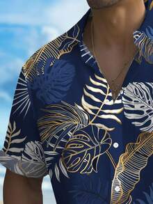 Áo sơ mi tay ngắn in họa tiết hoa và cây nhiệt đới Hawaii cỡ lớn cho nam có túi cài nút - Xanh đậm - Xem 5