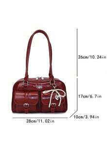 Vintage Solid Color PU Leather Shoulder Bag For Women - Spacious Multi-Pocket Purse With Detachable Charm, Classic Retro Handbag For Everyday Use - 紅色 - 查看 6