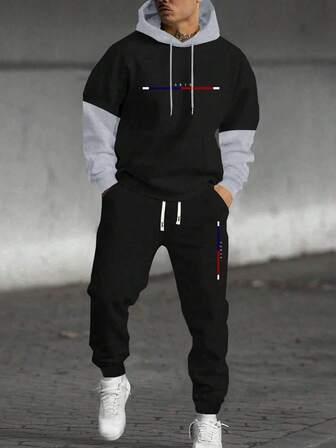 2개 세트 새로운 가을과 겨울 남성용 긴팔 후드 스웨트셔츠, 다채로운 리본 레터 프린트와 탄성 허리 드로스트링 바지, 레저, 스포츠, 여행, 휴가, 피트니스, 달리기 및 커플 의상용.