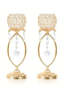 2/8 chân nến pha lê kim loại vàng thanh lịch với mặt dây chuyền pha lê và thiết kế rỗng - Đồ trang trí bàn tiệc cưới, kỷ niệm, sinh nhật, phụ kiện trang trí nhà lãng mạn, đồ trang trí kỷ niệm | Tay nghề kim loại tinh xảo, đồ trang trí chân nến - Nhiều màu - Xem 2