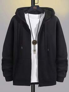 Plus Size Men's Zip-Up Hoodie Sweatshirt, Casual Thermal Lined Sports Sweatshirt, Autumn/Winter, Long Sleeve Top - Black - View 4